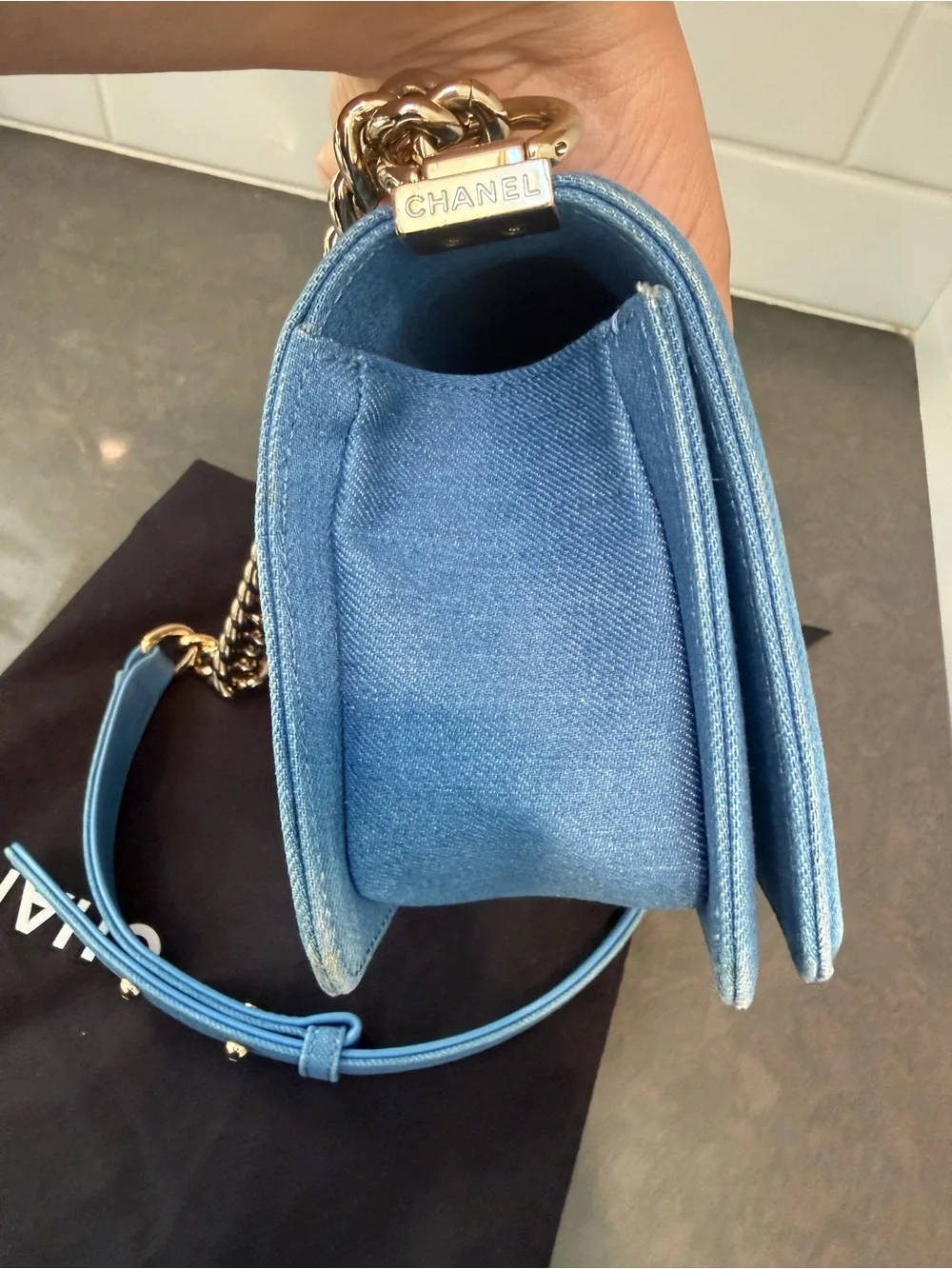 CHANEL Pleated Blue Denim Small Boy Bag with Champagne Gold Hardware